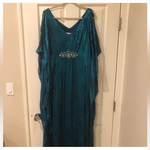 Badgley Mischka turquoise kaftan Bohemian kimono gypsy long robe dress vintage L